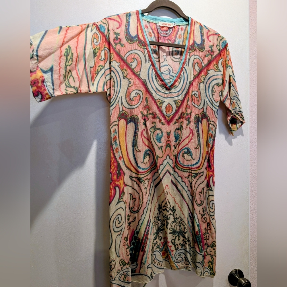 Johnny Was Silk Colorful Bohemian V-Neck Dress